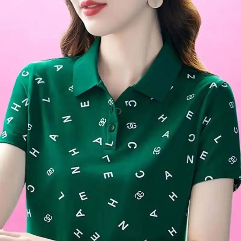 New Summer Women's Polo Neck Short Sleeve Loose Plus Size Classic Pullovers Printed Letter Fashion Casual All-match Tops