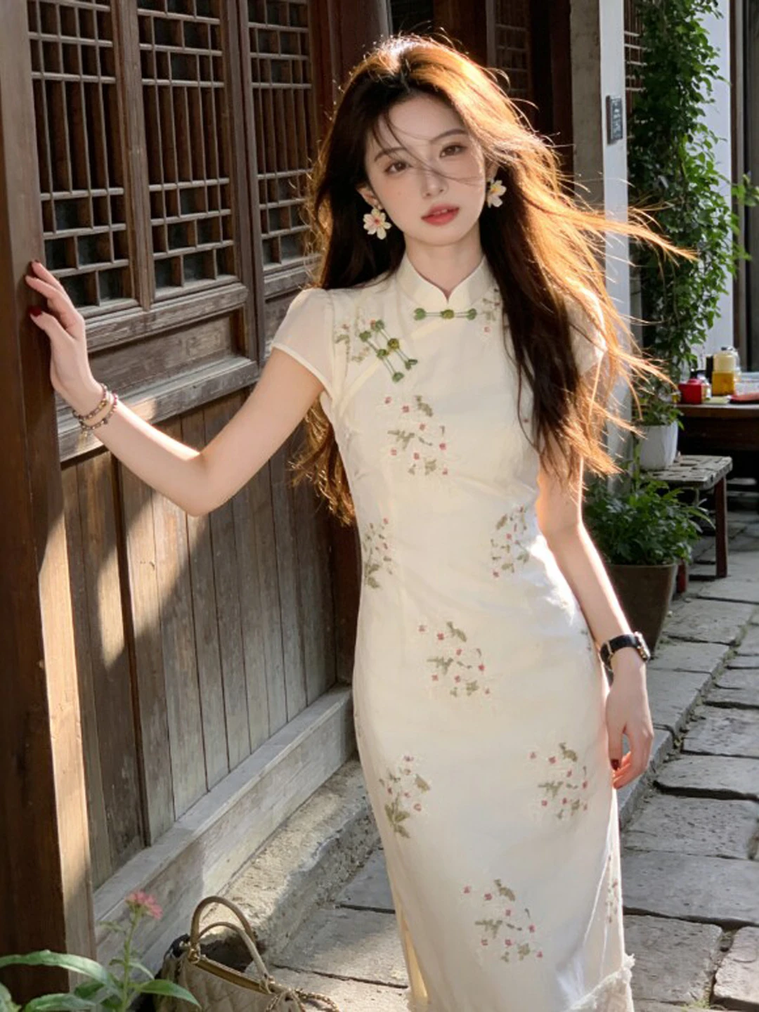 

New Chinese Style Gentle Wind Long Qipao Dress Bodycon Summer 2026 Women's Fashion Cotton Short Sleeve Wrap around Skirt