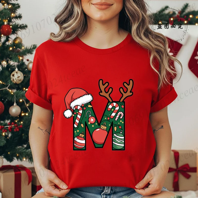 

Festive Christmas Alphabet Letter with Santa Hat Print T-shirt for Women Fashion T Shirt Streetwear Female Clothes Unisex Tshirt