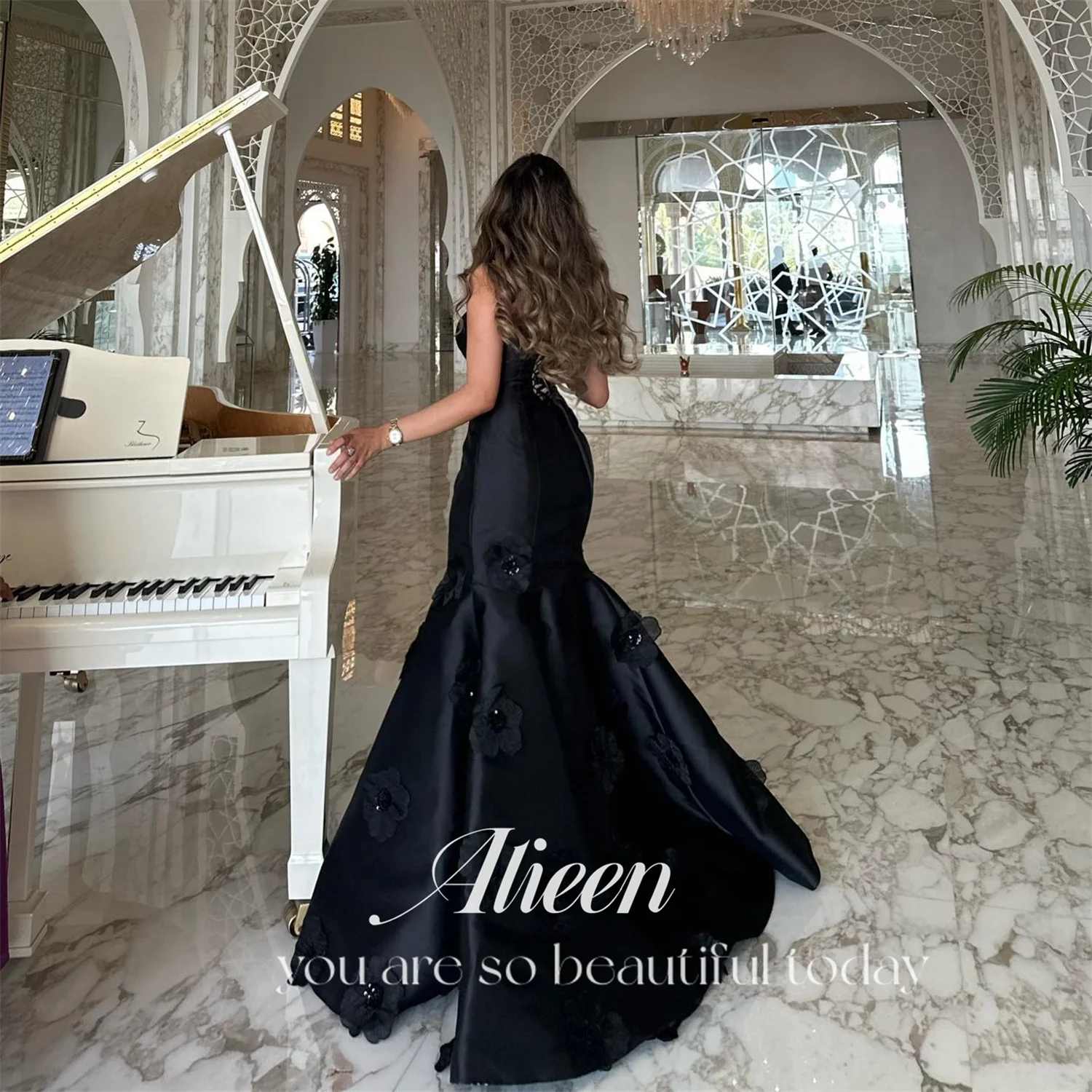 Aileen Satin 3D Flowers Off the Shoulders Black Robe De Soiree Femmes Sharon Happy Evening Dresses for Formal Occasions Party