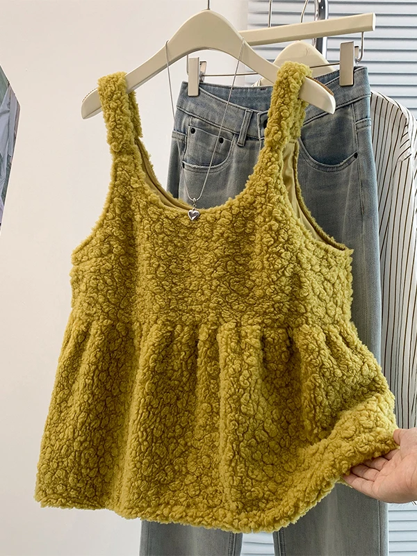 Korean Style Lamb Fur Vest Women's Cute Design Cover Belly Tank Top Thickened Outerwear Summer Autumn Winter Fashion Clothes
