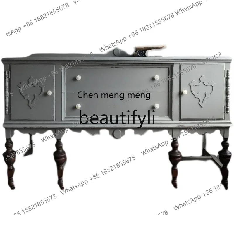 

French solid wood carving flower entrance cabinet antique gray dining side locker living room decoration cabinet custom H