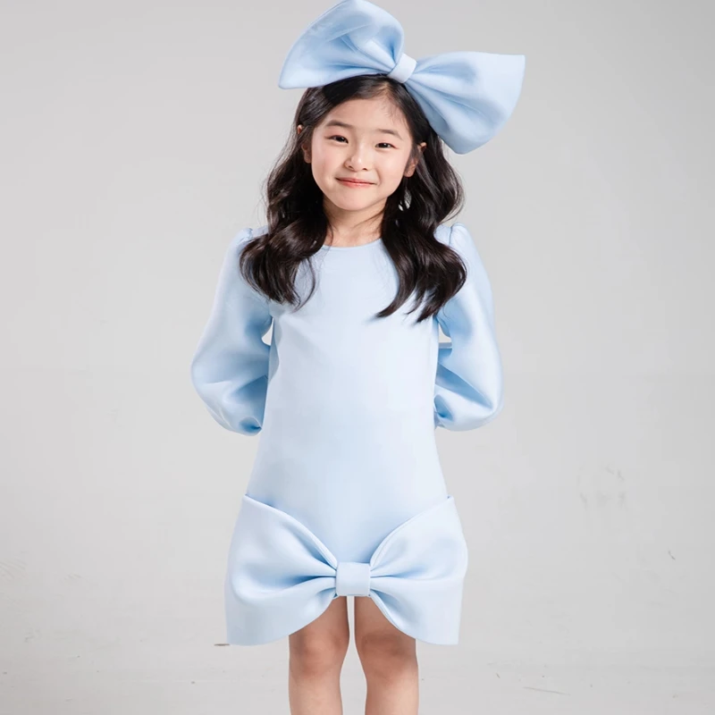 

Girls Fashion Puff Sleeve Princess Dress Pageant Bow Party Gown Children Elegant Wear Birthday Celebration Long Sleeve Outfit