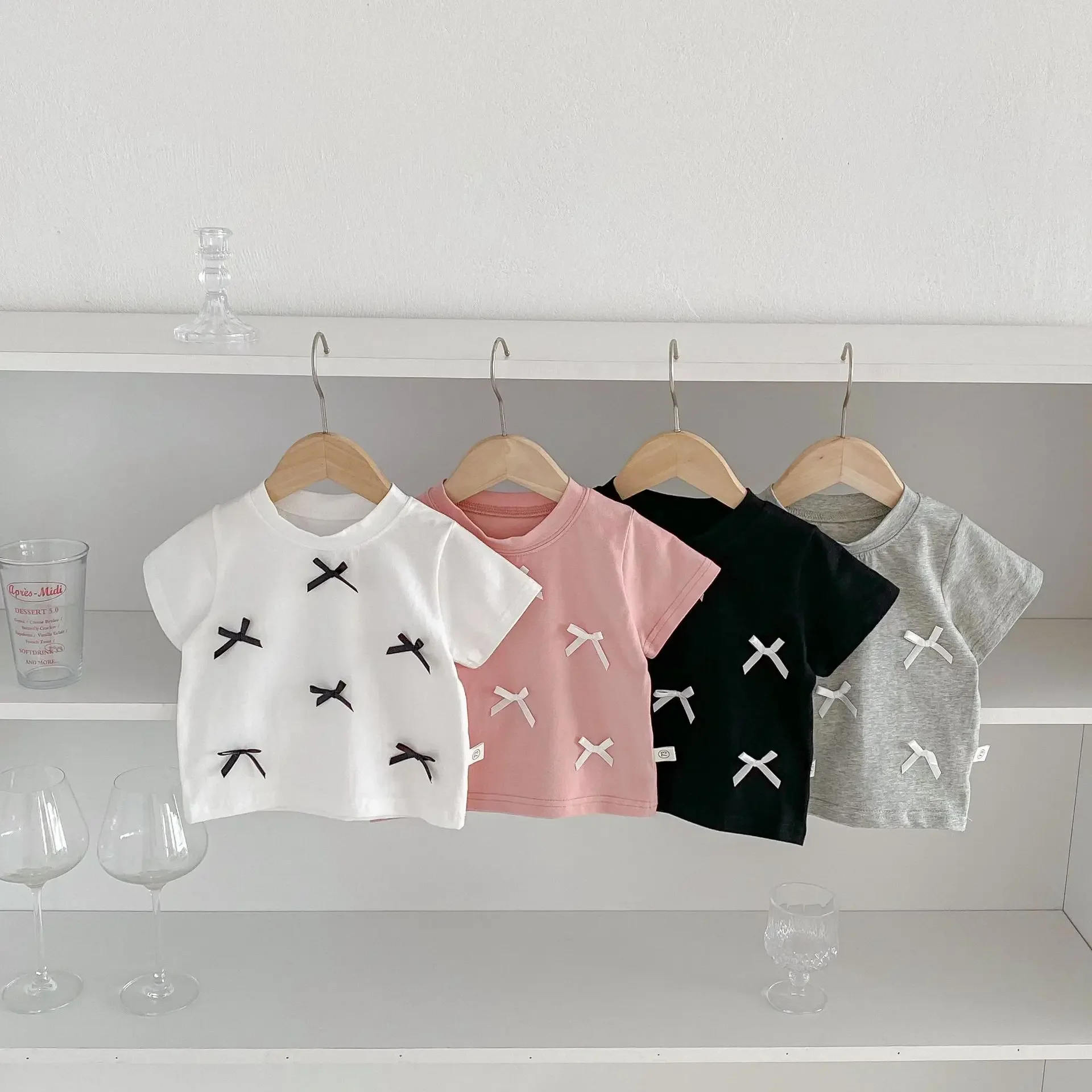 2024 Summer New Baby Short Sleeve T Shirts Cotton Toddler Girl Versatile Bow Princess Tops Kids Girl Casual Tee Children Clothes