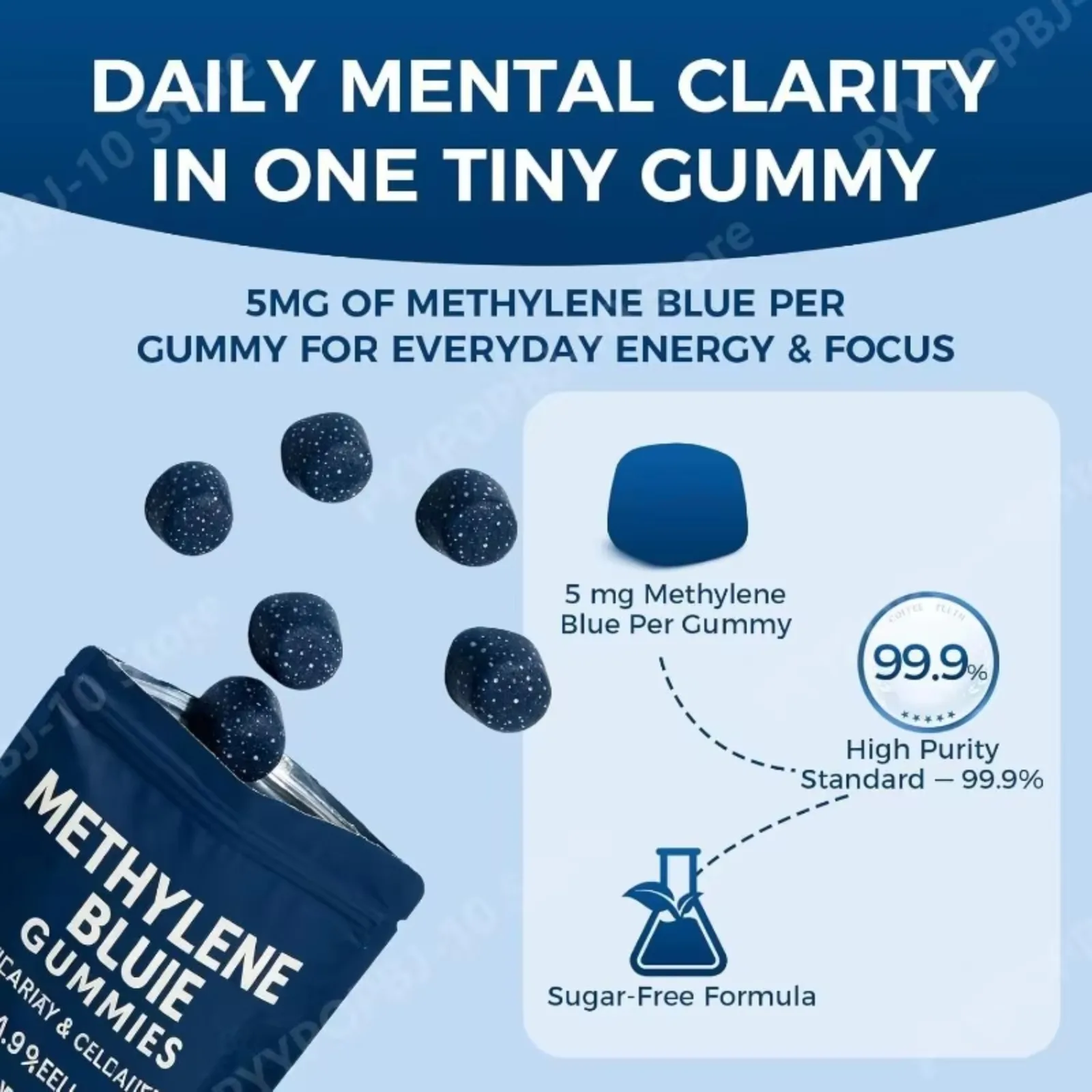 Methylene Blue Gummies for Cognitive Clarity Mental Focus Cellular Energy Support, 5mg 99.9% Pure Sugar Free Nootropic, 60 Ct