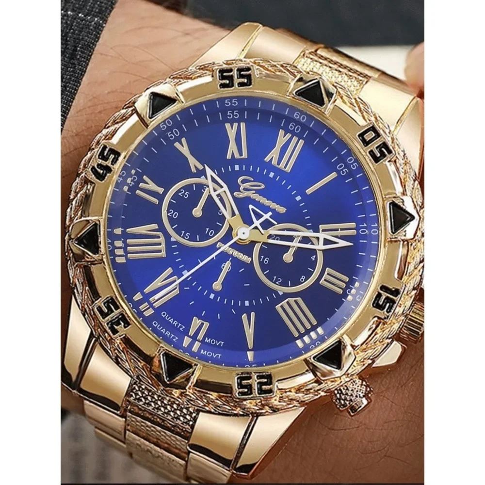 طقم ساعات رجالي عصري مكون من قطعتين بحزام فولاذي وساعة كوارتز للرجال