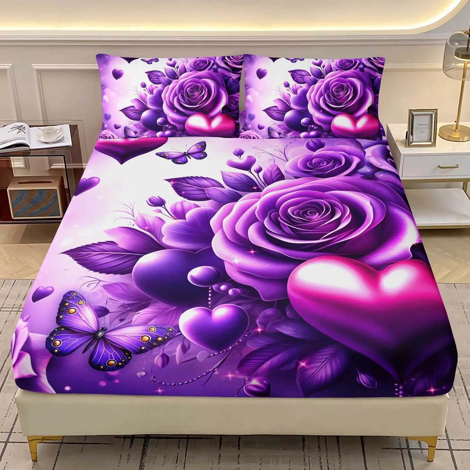 Rose Flower Fitted Sheet Twin Queen Valentine Romantic Bed Sheet Set for Kids Adults Floral Deep Pocket Sheets No Top Flat Sheet