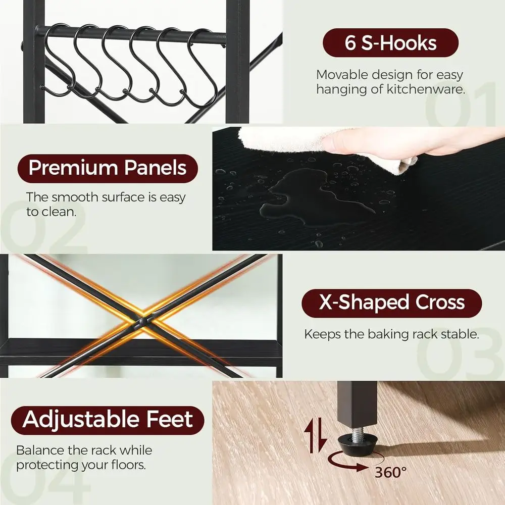 حل تخزين المطبخ: رف خباز معدني أسود مع مخرج طاقة وحامل ميكروويف ورف قابل للتعديل وبار القهوة ورف الأواني