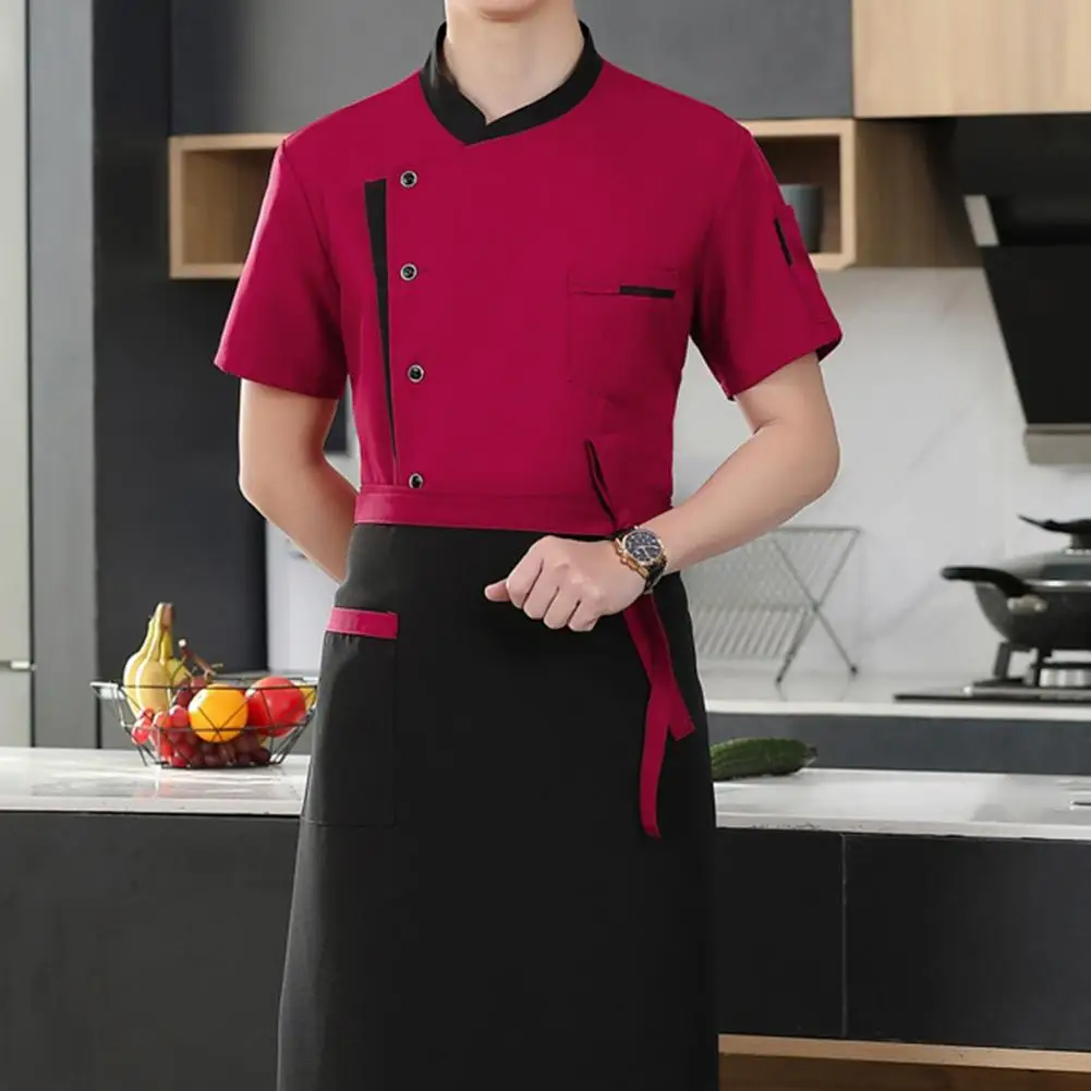 Tuta da cuoco traspirante cucina dell'hotel uniforme da cuoco Set 3 pezzi Unisex colletto alla coreana grembiule cappello camicia a maniche corte per la cucina del ristorante