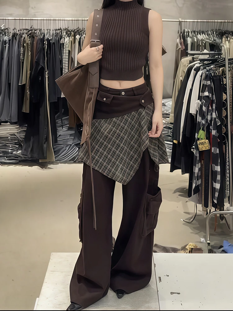 American style plaid fart curtain patchwork pants women autumn and winter new spicy girls loose and fake two piece jeans