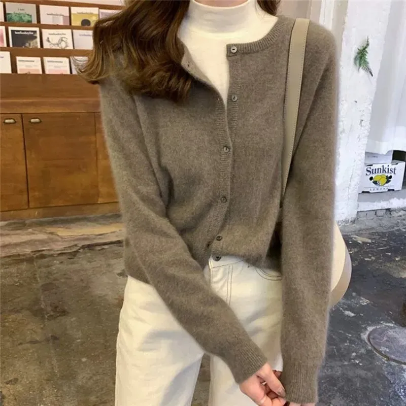 100% pure cashmere cardigan women\'s new autumn and winter round neck sweater loose Korean knitted sweater short coat