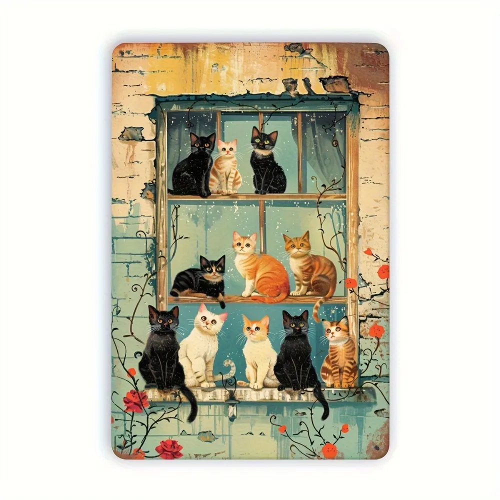 Vintage Cats Window Metal Sign Iron 8x12 Inch Retro Wall Decor Plaque For Home Cafe Bar Garage