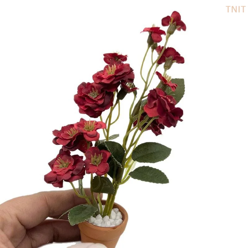 [J] 1 unidad de modelo en miniatura de filodendro para casa de muñecas, modelo de planta en maceta de rosa de 6 pétalos, mini planta en maceta con hojas, decoración del hogar