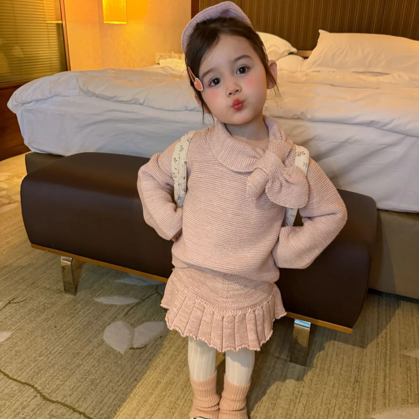 Girls Suit 2026 Spring and Autumn New Children's Clothing Korean Style Girl Baby Retro Heart Bow Tie Knit Skirt Two Sets