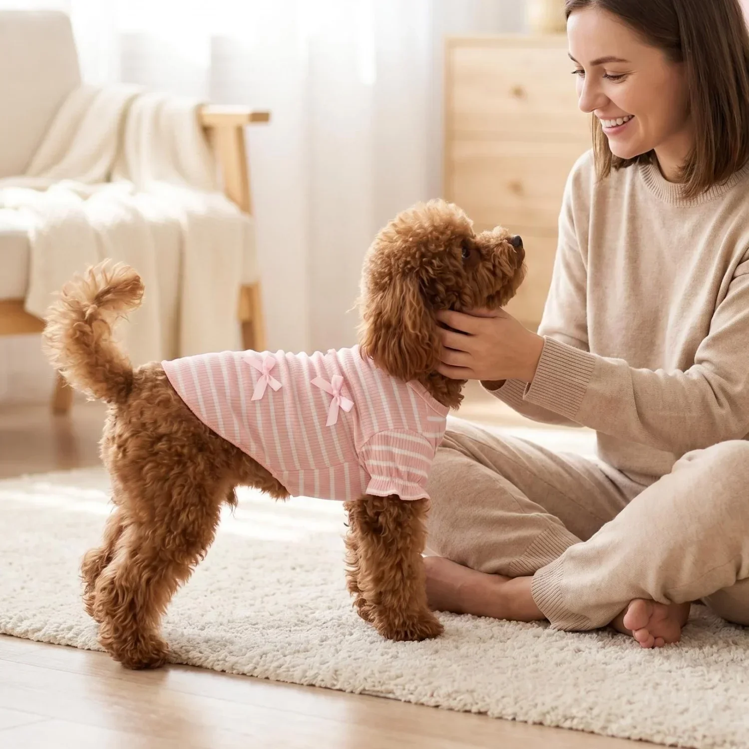 1 Stück Niedliches Hundeshirt mit Schleifendekoration, Gestreift, Weich, Dehnbar, Gerippt, Katzen-T-Shirt, Frühling Sommer Atmungsaktive Haustierkleidung – Detail 3