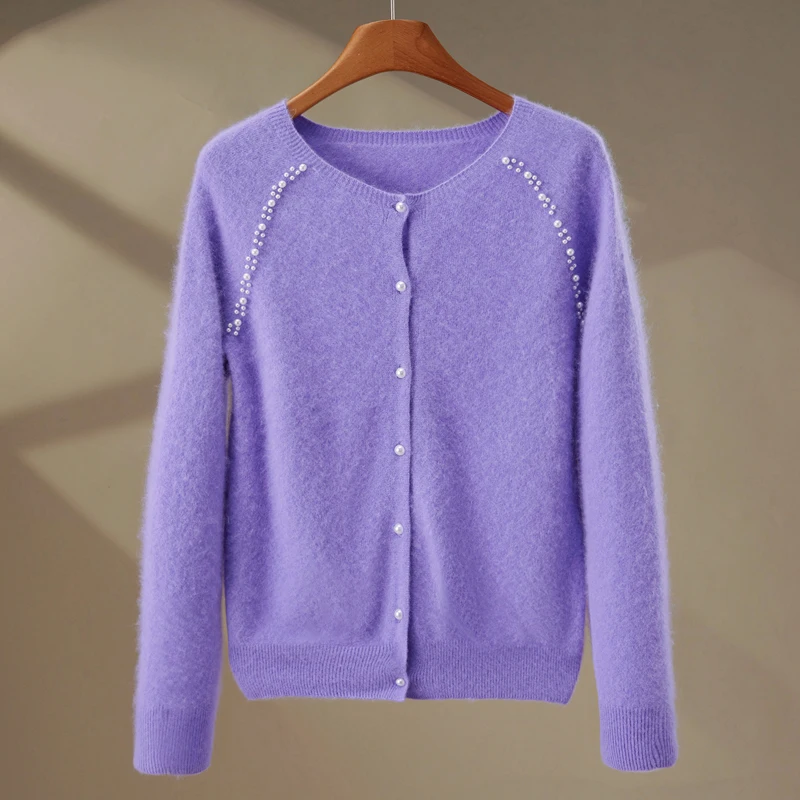 

Women's Fluffy Wool Cardigan round Neck Sweater Autumn Winter Close-Fitting Nail Bead Decorative Jacket for Fashionable Clothing