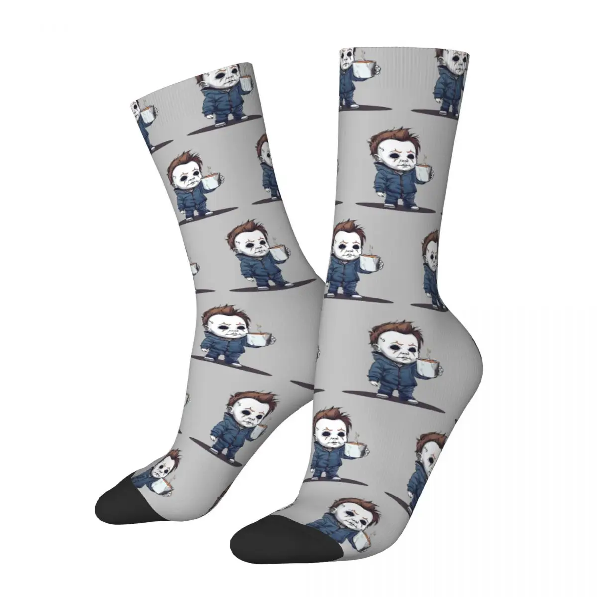 Crazy Design Michael Myers Morning Coffee Soccer Socks Halloween Horror Movie Polyester Middle Tube Socks for Unisex Non-slip