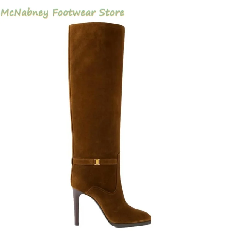 

Pointed Stilettos Metal Decoration Knee-High Boots Suede High Heels 43 Yards Autumn/Winter Style Women's Luxury Footwear