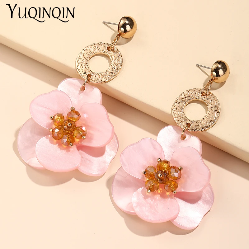 Trendy Acrylic Flower Drop Earrings for Women New Metal Resin Long Dangling Earrings Fashion Jewelry Statement Korean Brincos