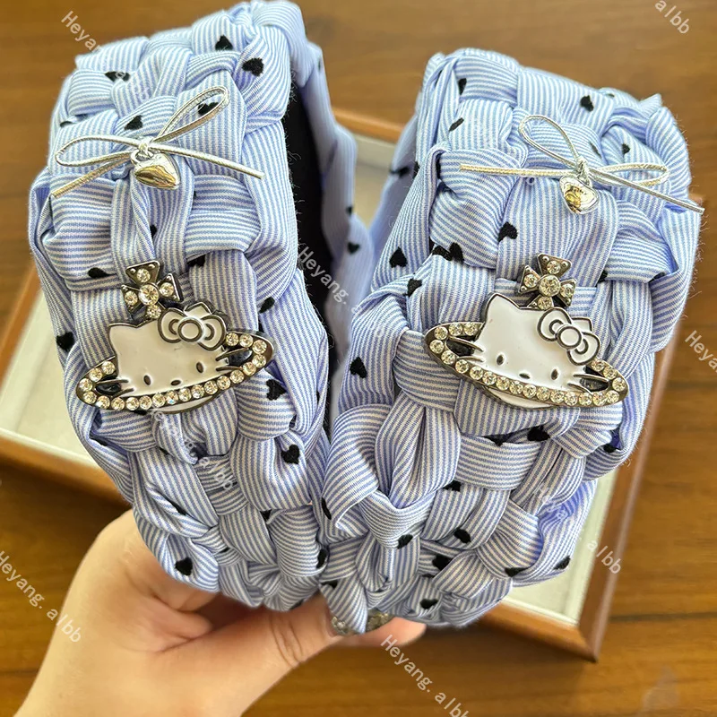 

New Fashion Sanrio Hello Kityy Headband for Women Wide Side Turban Handmade Braided Headwear Shining Hair Accessories