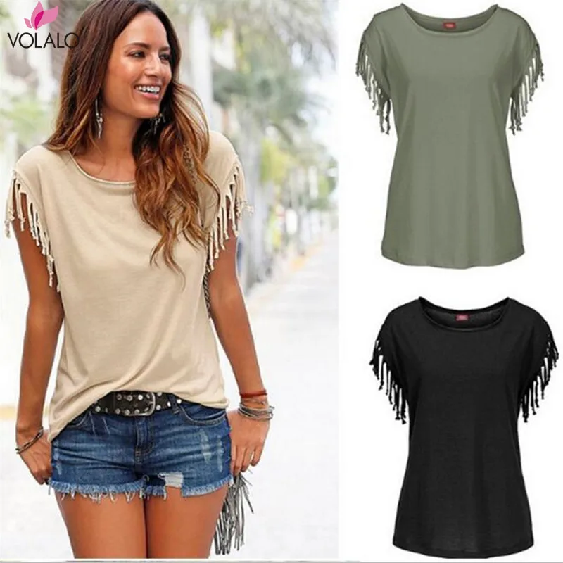 Women Cotton Tassel Casual T-shirt Sleeveless Solid Color Tees Short Sleeve O-neck Women's Clothing T Shirt Hot Sales In 2024