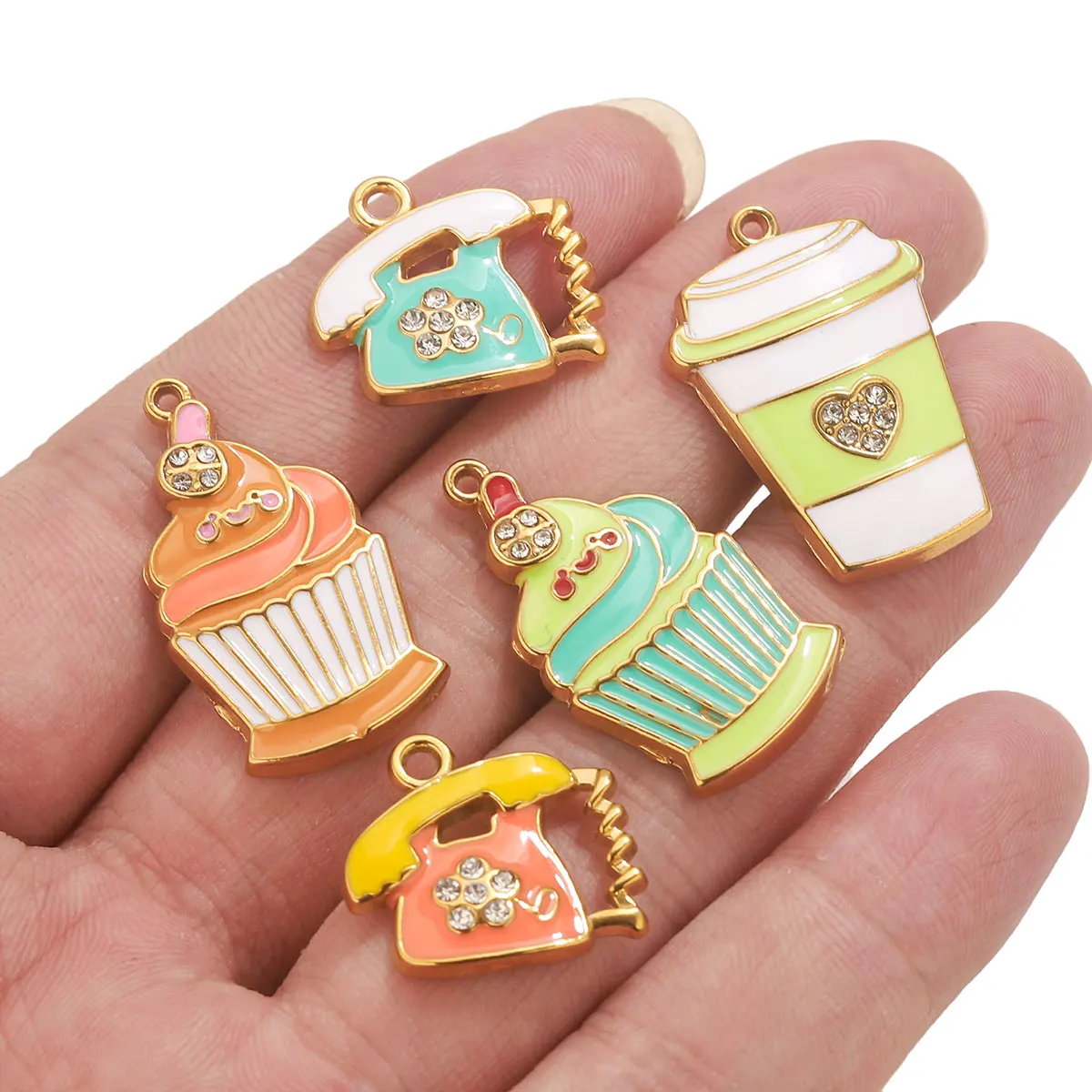 2PCS French Stainless Steel Enamel Ice Cream Mobile Phone Cup Pendant Charm DIY Small Jewelry Accessory Wholesale Discovery