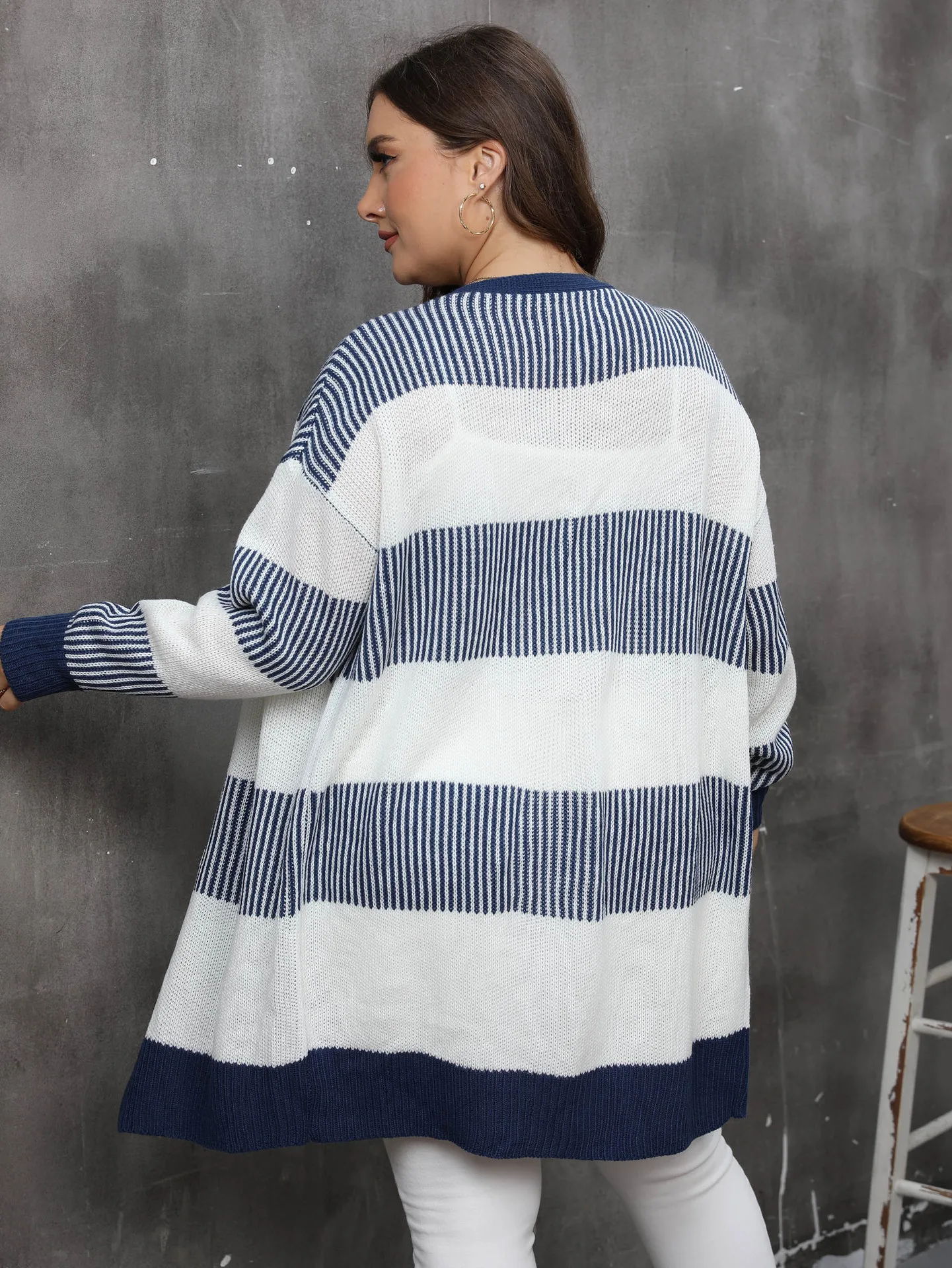 Picture 3: Plus Size Women Striped Knit Cardigan Open Front Long Sleeve Color Block Loose Sweater Coat Casual Fall Outerwear