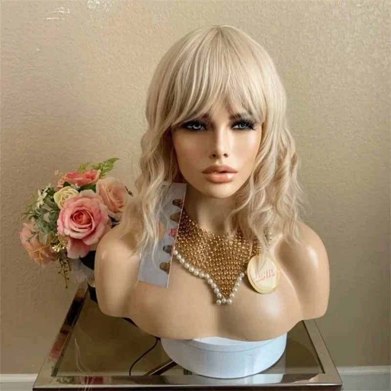 613 Blonde Short Wavy Lace Front Wig with Bangs 13x4 HD Synthetic And Blend Premium Fibre Heat Resistant Party Wear Cosplay