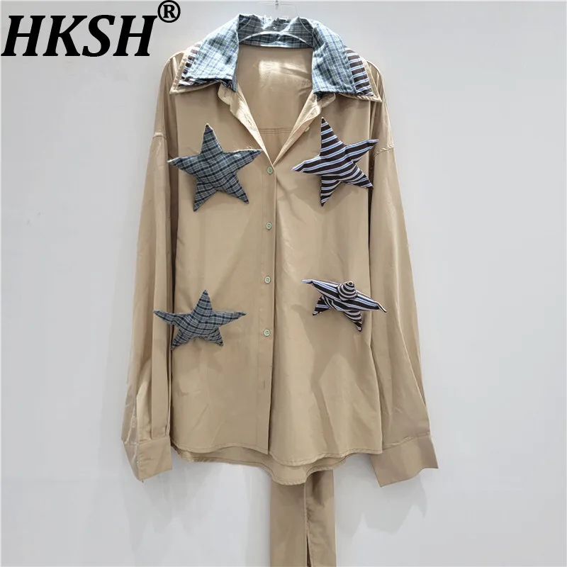 

HKSH Autumn New Women High Street Stylish Casual Contrast Color Spliced Striped Collar Back Tie Long Sleeved Shirt Jacket HK7604