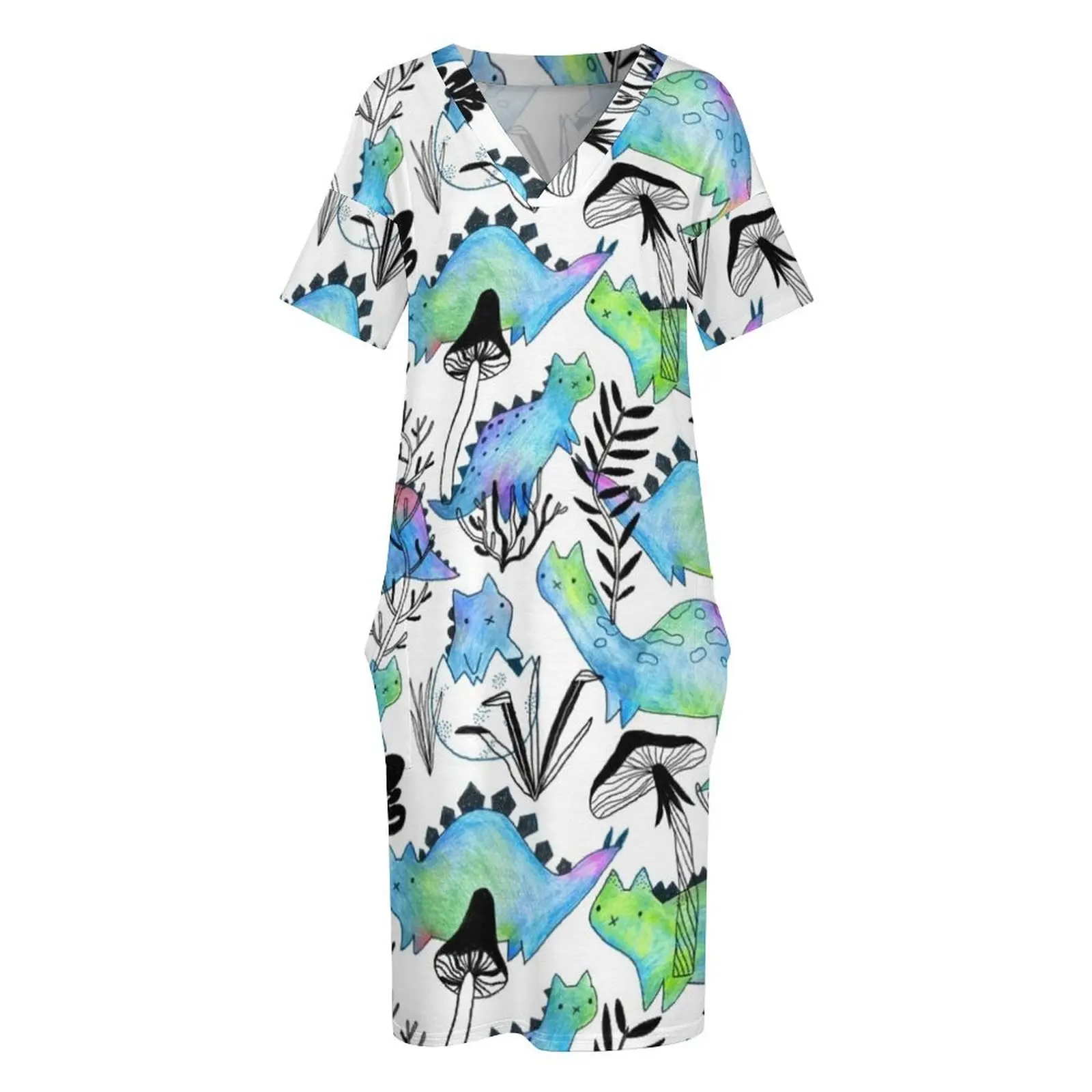 연필 고사우루스와 식물. 재미있는 디노 고양이와 버섯. 느슨한 포켓 드레스 웨딩 게스트 드레스 2025 드레스 여성