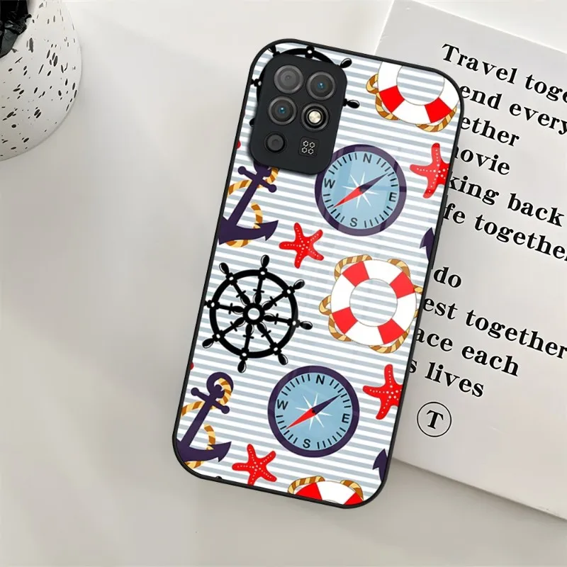 Stripes Anchor Boat Ship Wheel Phone Case For Huawei P30 Lite P50 P20 P40 P10 P9 Smartp Z Mate 40 Honor 30 50 60 Pro Plus Glass