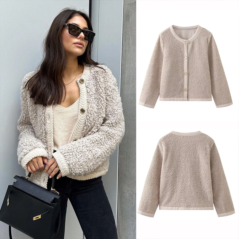 

Elegant Lamb Wool Women Autumn Coat O-neck Kawaii Short Fashion Office Jackets Buttons Splicing Winter 2023 Cardigan Clothing