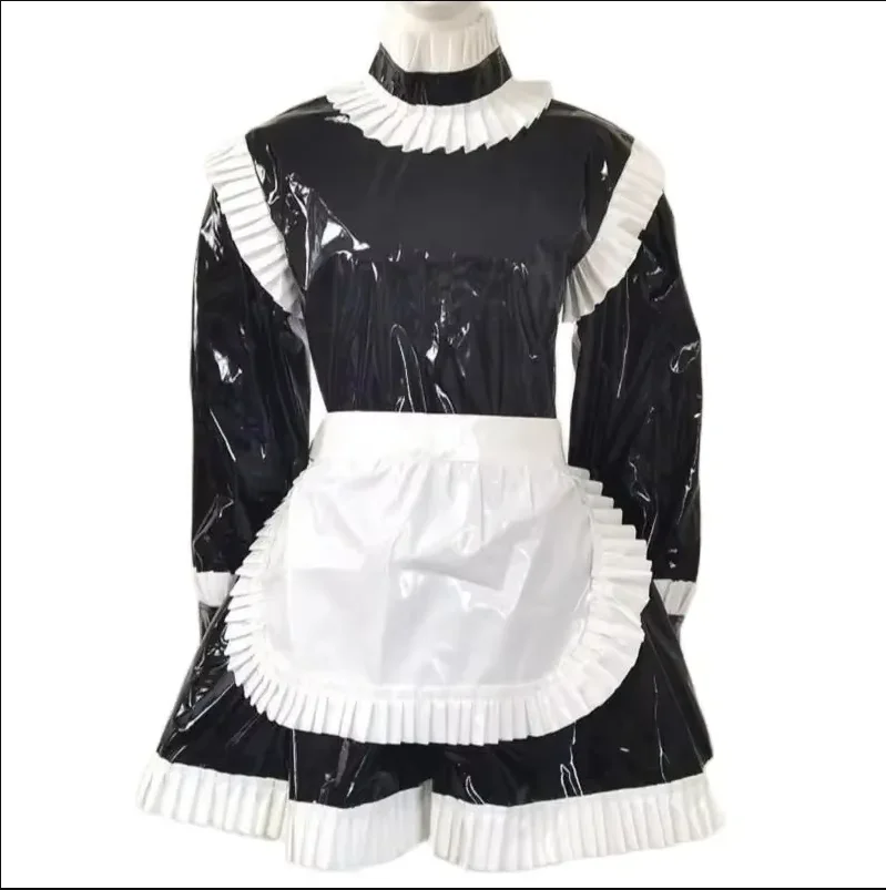 

Black Thin PVC High Necked Sissy Long Sleeved Gothic Dress Paired with White Apron for Adult Baby Girls, Maid Lockable