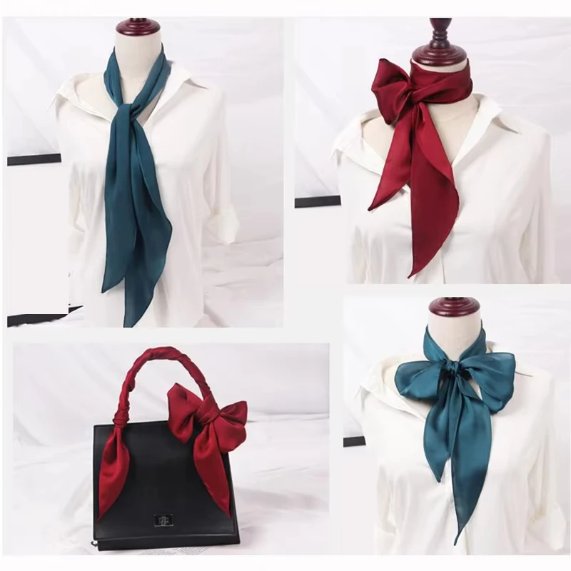 Luxury Solid Square Scarf For Women 60cm Satin Neck Hair Tie Band Bag Warp Soft Neckerchief Hijabs Head Female Foulard