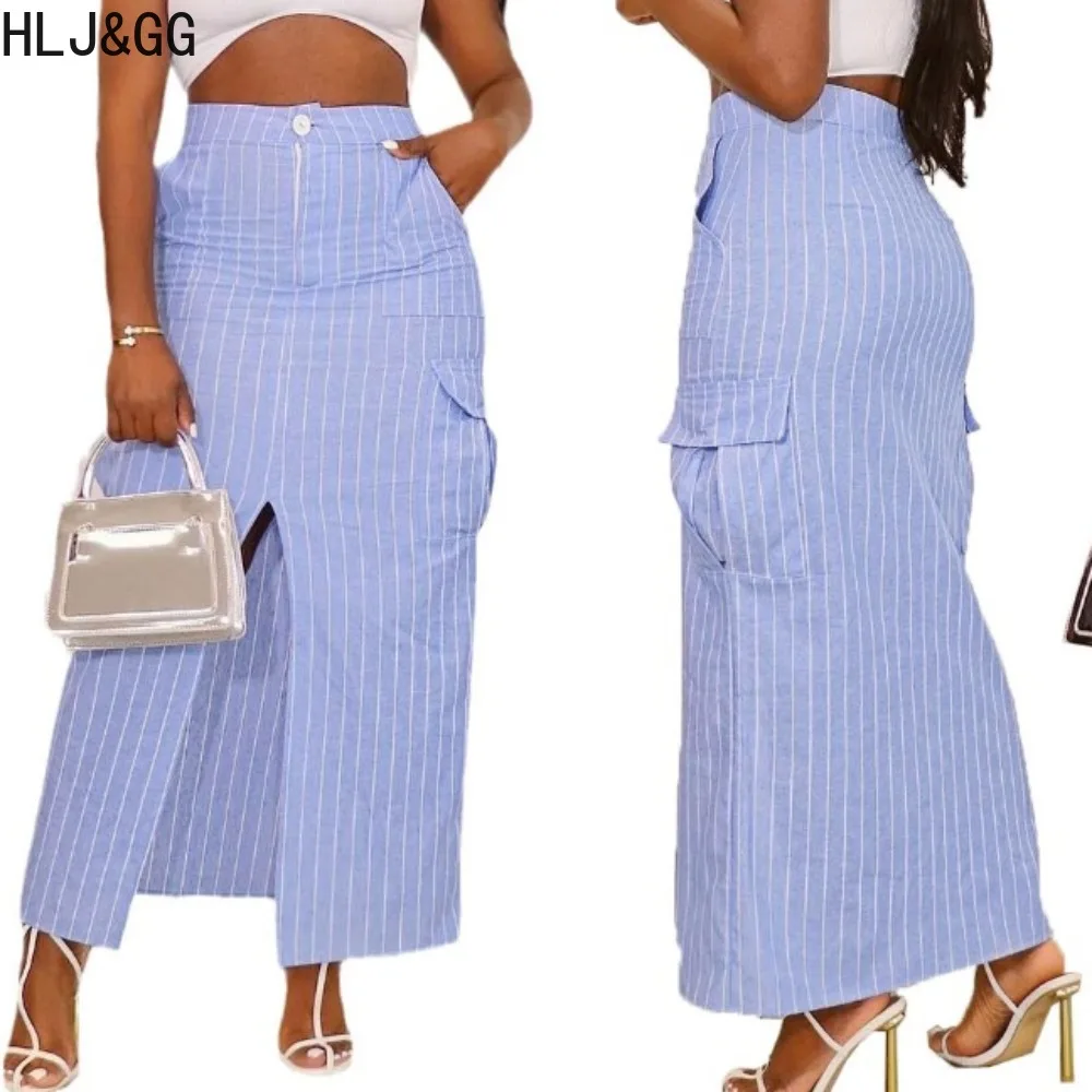 

HLJ&GG Summer New Stripe Print Slit Skinny Skirts Women High Waisted Button Pocket Slim Bottoms Fashion Elegant Lady Skirts 2024