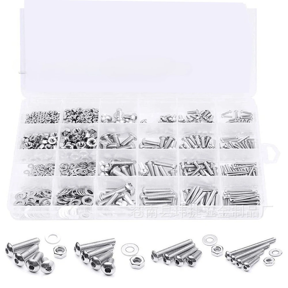 880 STKS 304 Rvs Hex Socket Pan Head Studs Schroeven Moeren Platte Ringen Assortiment Kit voor DIY & Industrieel Gebruik