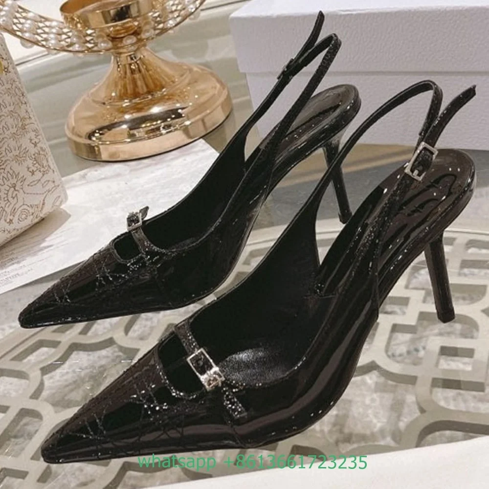 

Pointed Toe Shallow Metal Buckle Sandals Black Genuine Leather Women Back Strap High Heels Slingback Stiletto Heel Fashion Shoes