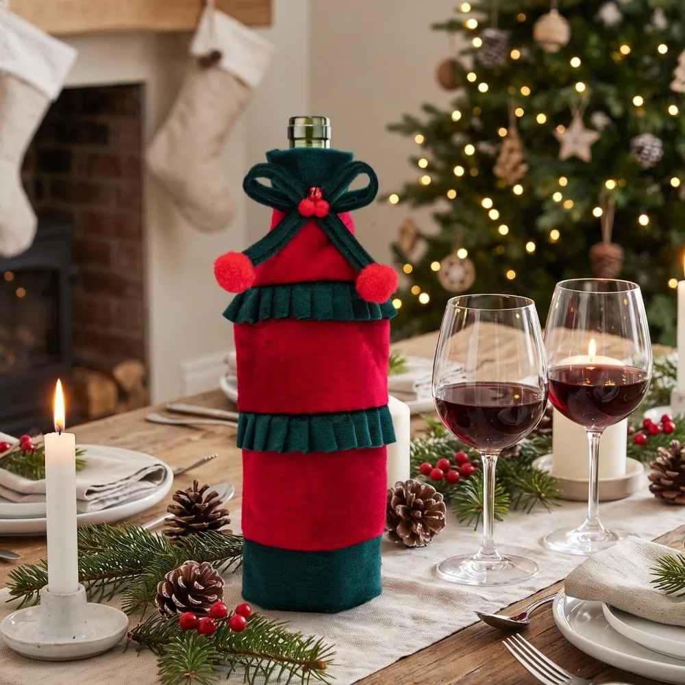 Bow Ruffled Christmas Velvet Bottle Cover 30cm 11.81in Velvet Beer Bottle Cover Elegant Bowknot Wine Bottle Cover
