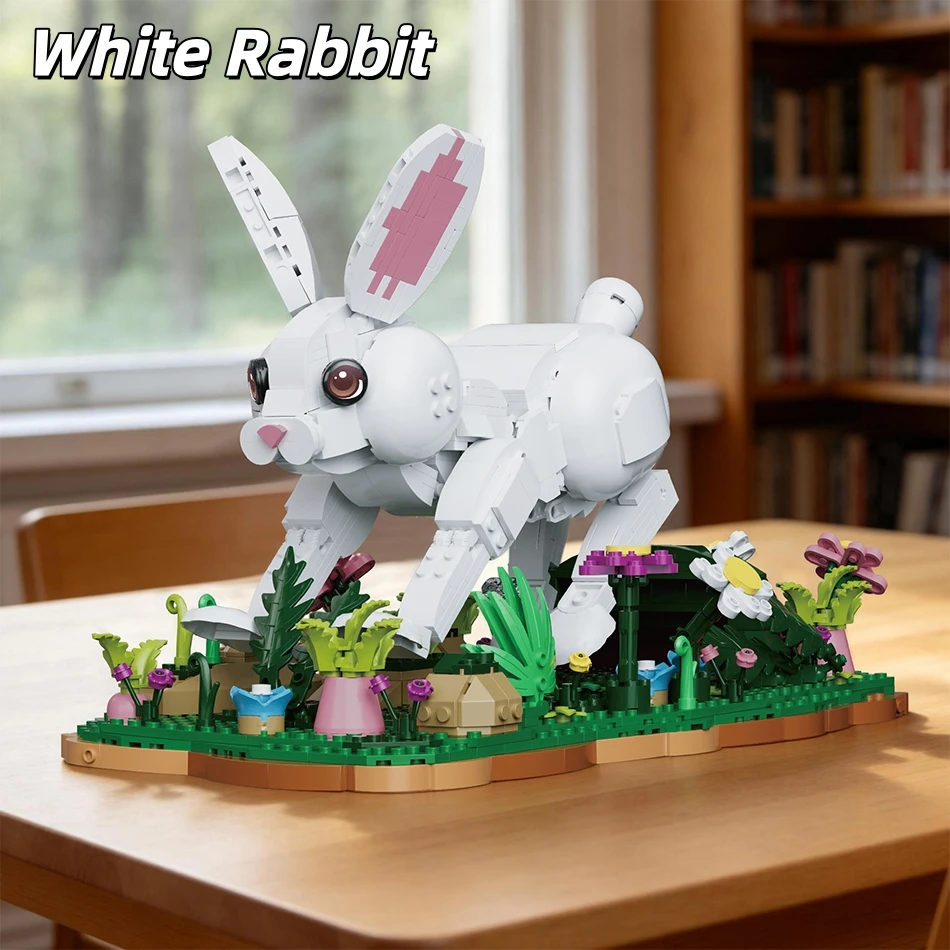 MOC White Rabbit Building Blocks Cute Animal Model DIY Creative Bricks Desktop Ornament Educational Assembly Toy For Kids