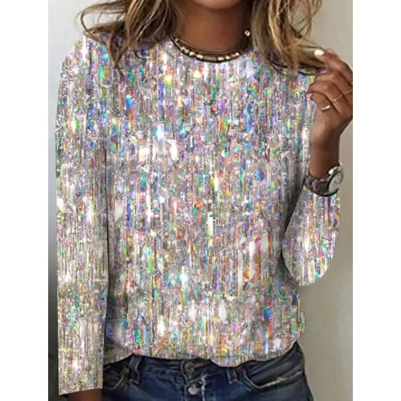 3D Sequin Printed T Shirt Tops For Women 2023 Autumn New Round Neck Long Sleeve Fashion Casual Lady T Shirts Pullover Streetwear