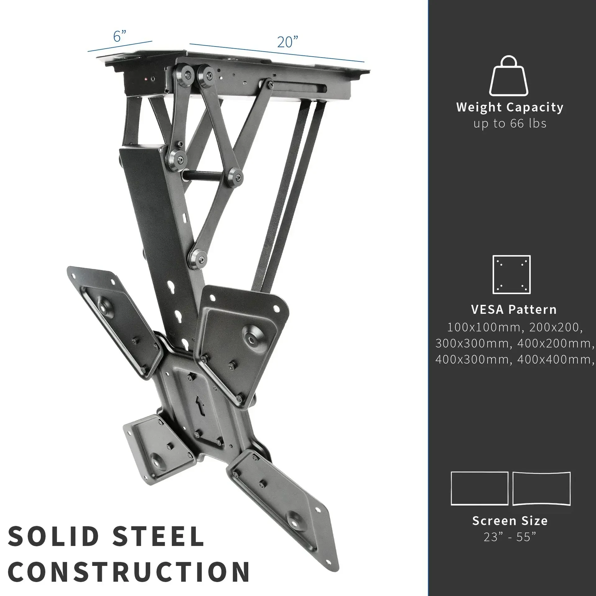 Electric ceiling TV bracket for screen, bottom-turning electric pitched roof VESA bracket