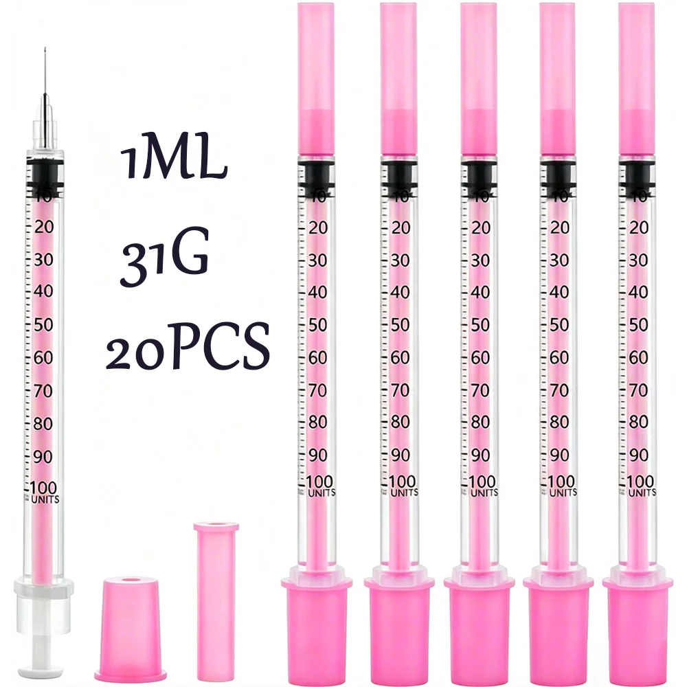 1ml U-100 Disposable Syringe 31g Fine Needle Pink Push-Rod Protective Cap High-Precision Graduated Micro-Needle Tube Laboratory Liquid Dispensing Beauty Sampling Needle Tube Pack of 20 8mm