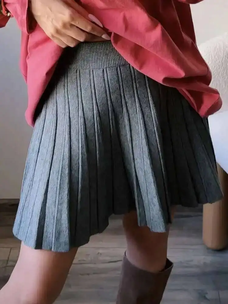 Spring Knit White Mini Pleated Skirts Women A Line Skirt Gray High Waist Women Knitted Pleated Short Skirts Korean Fashion SQIX