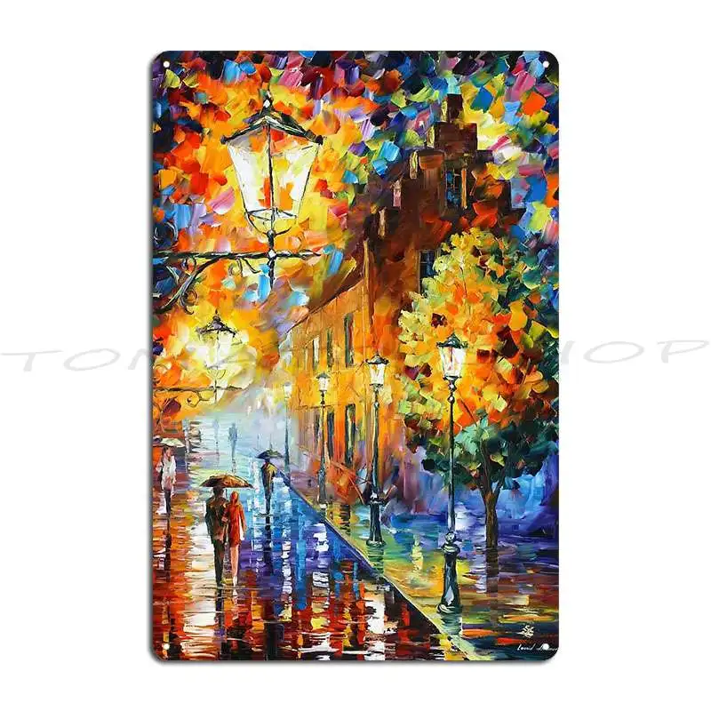 Warm lights at night  Leonid Afremov   Kiss in the Rain   Metal sign  Creative design  Bar design  Signboard poster