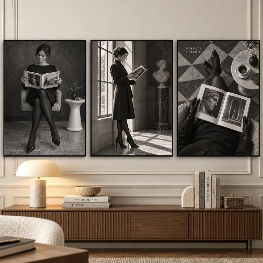 Fashion Women Reader Painting Calligraphy 3 PCS Vintage Fashion Canvas Wall Art Prints for Living Room Decor