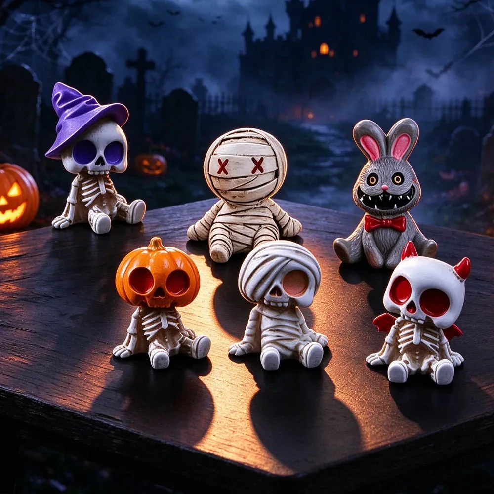 DIY 6PCS Halloween Resin Skeleton Mummy Figurines Mini Statues Micro Car Mounted Potted Plants Landscape Bonsai Car Desk Decor