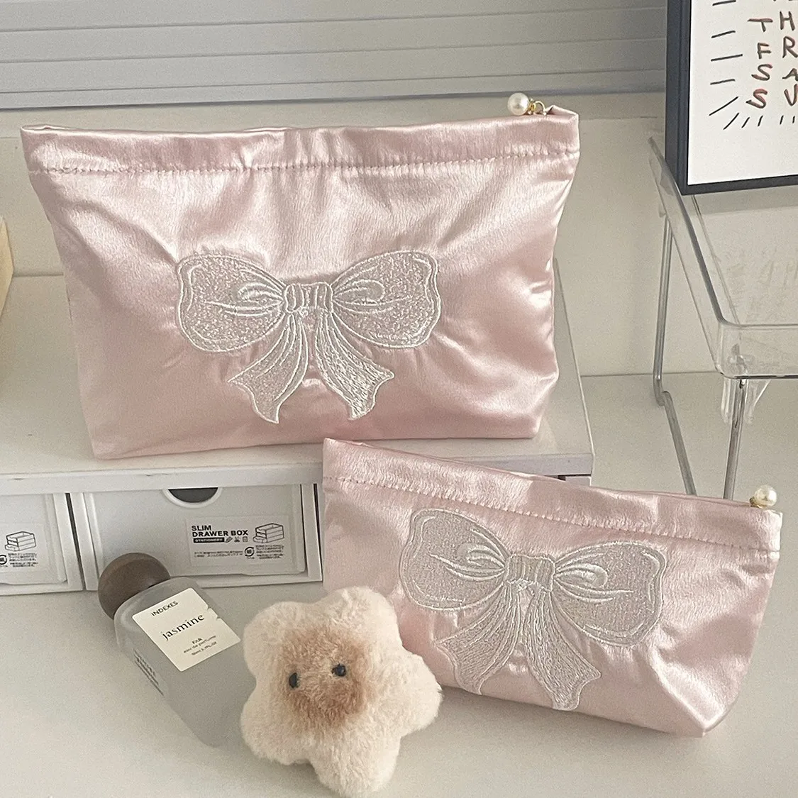 French Satin Pink Embroidered Bow Cosmetic Bag Exquisite Portable Gentle Girl Heart Handle Storage Bag