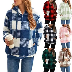 Plush Jacket 2024 Autumn and Winter New Long Sleeved Hooded Plaid Plush Women's Hoodie