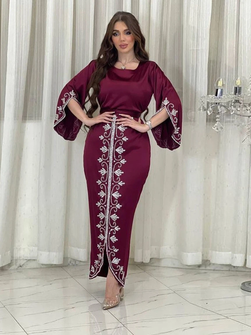 Eid Muslim Jalabiya Dress for Women Satin Abaya Morocco Party Dresses Woman Ramadan Diamond Kaftan Robe Longue Vestidos Largos