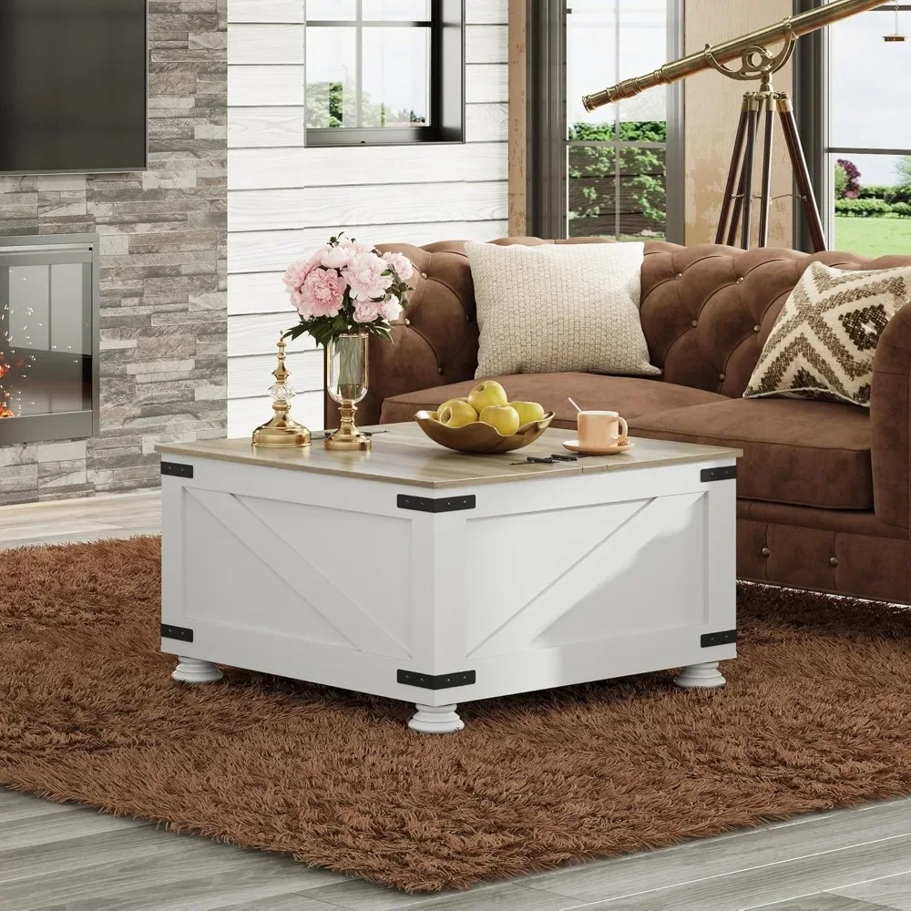 Coffee table, White Square Wooden Farmhouse Coffee Table, With Flip Top and Hidden Storage Compartment, Living Room Coffee Table